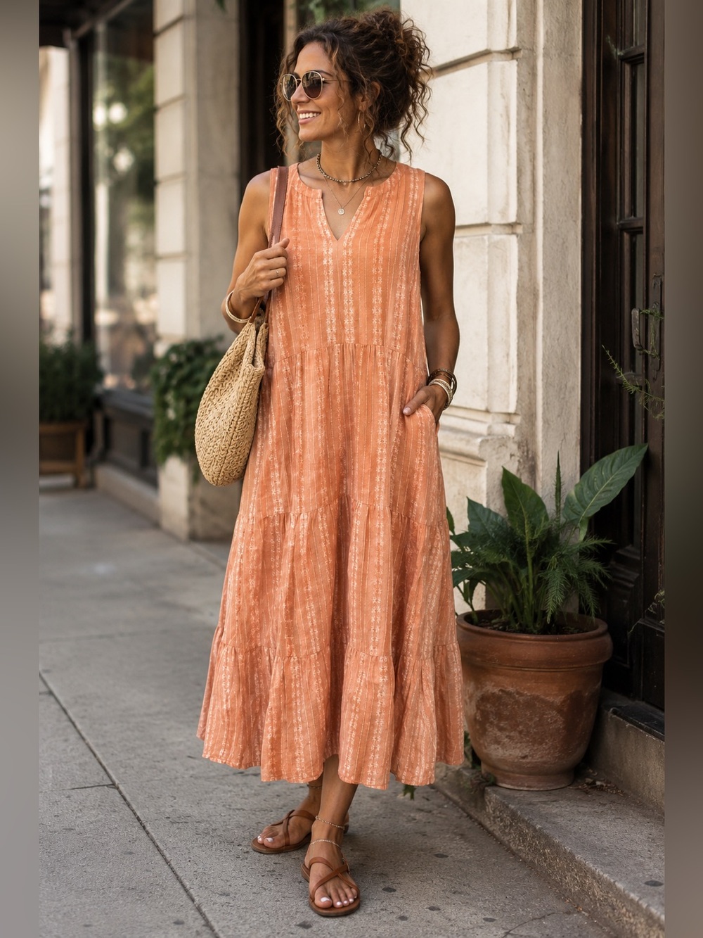 J. JILL Women's Peach Tie-Dye Cotton Tiered Midi Dress M